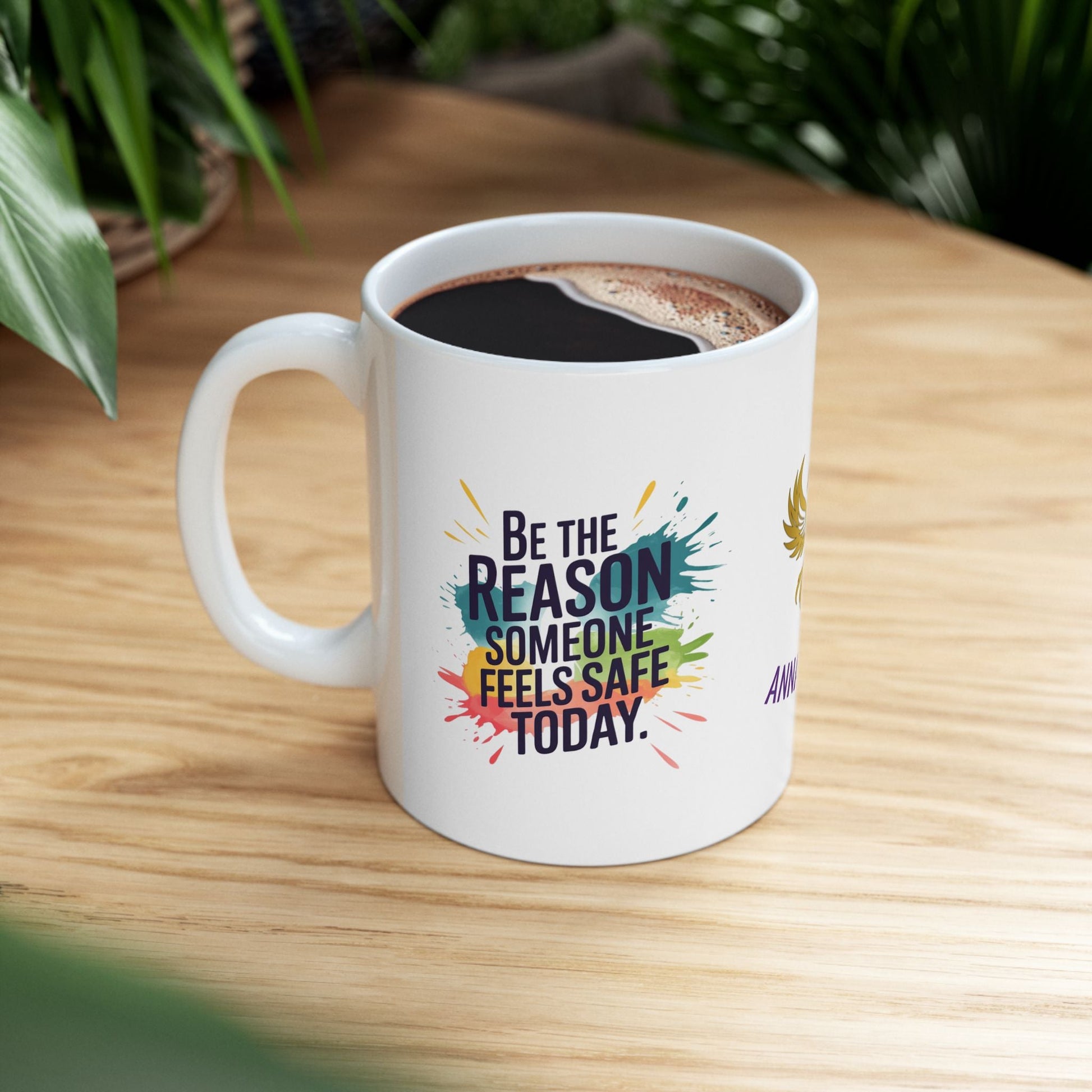 Personalized mug promoting safety and support for victims.