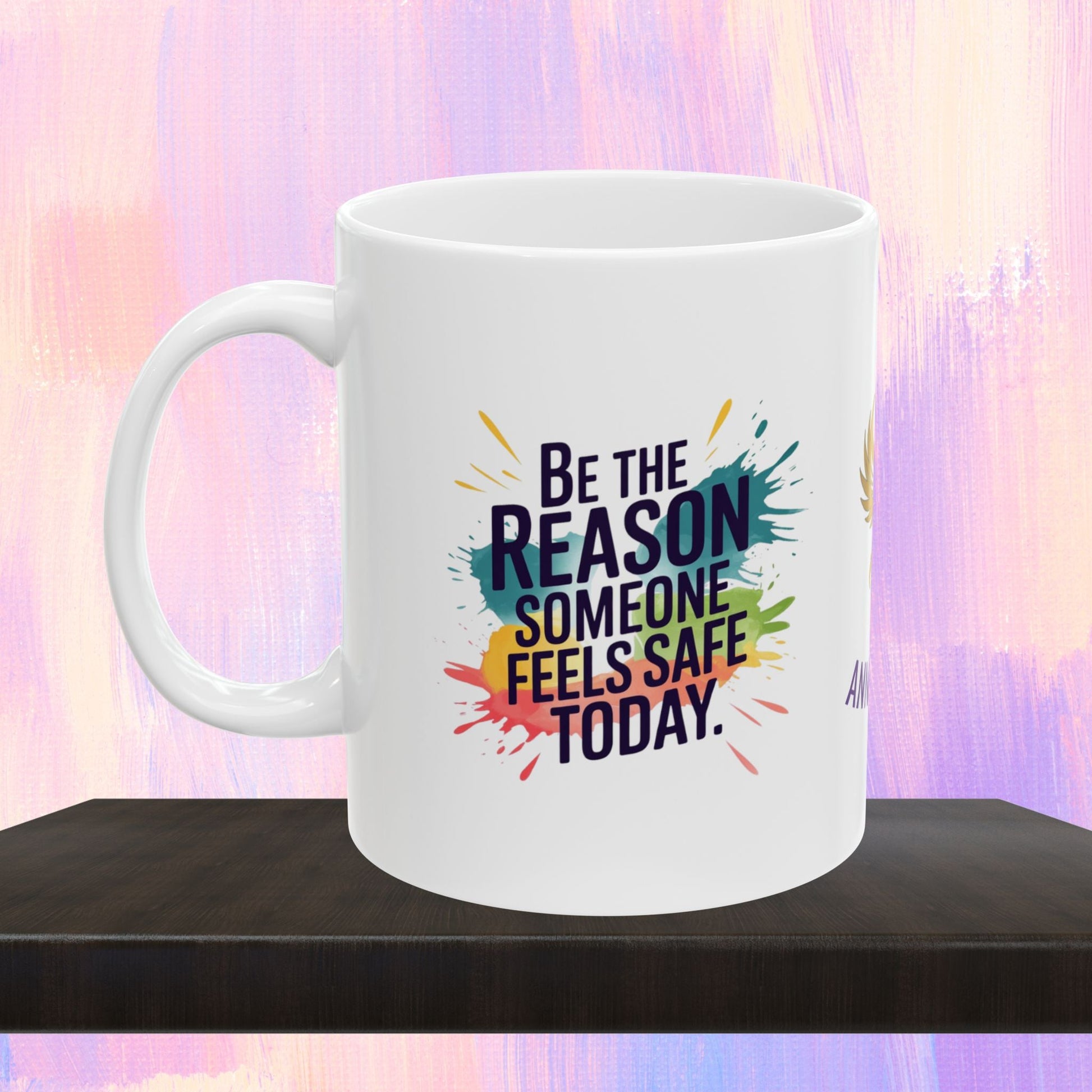 Personalized mug promoting safety and support for victims.