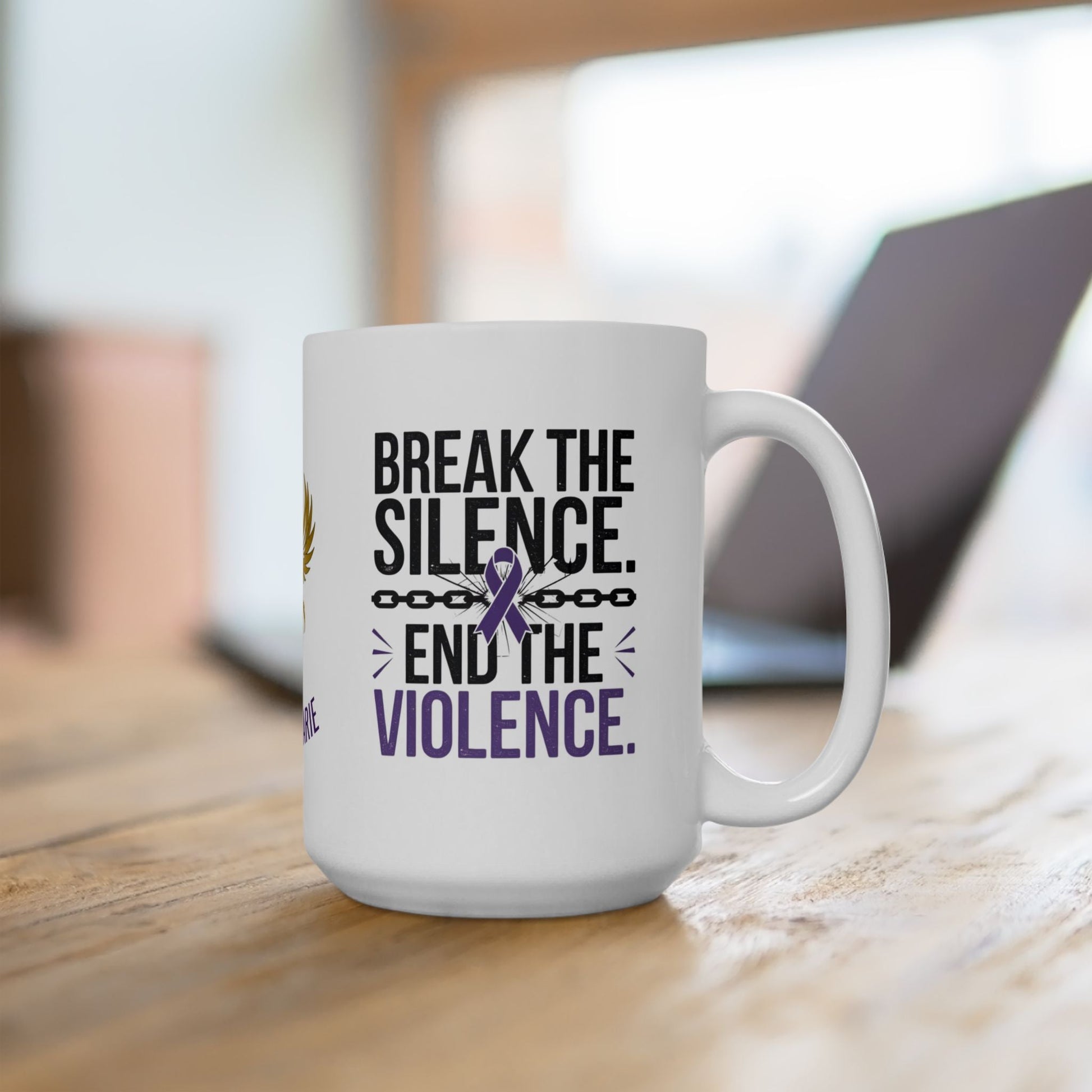 Empowerment mug with message to end domestic violence.