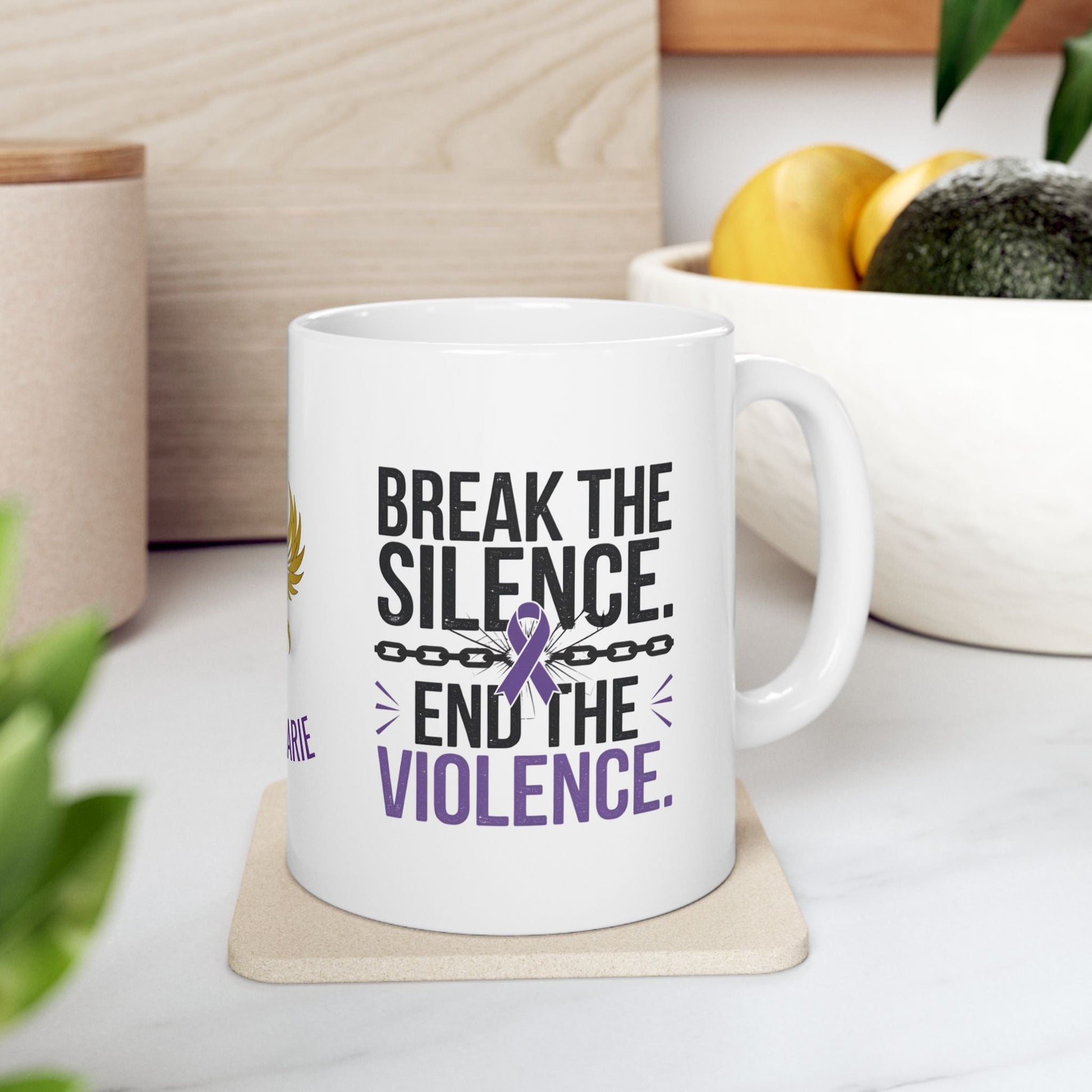 Empowerment mug with message to end domestic violence.