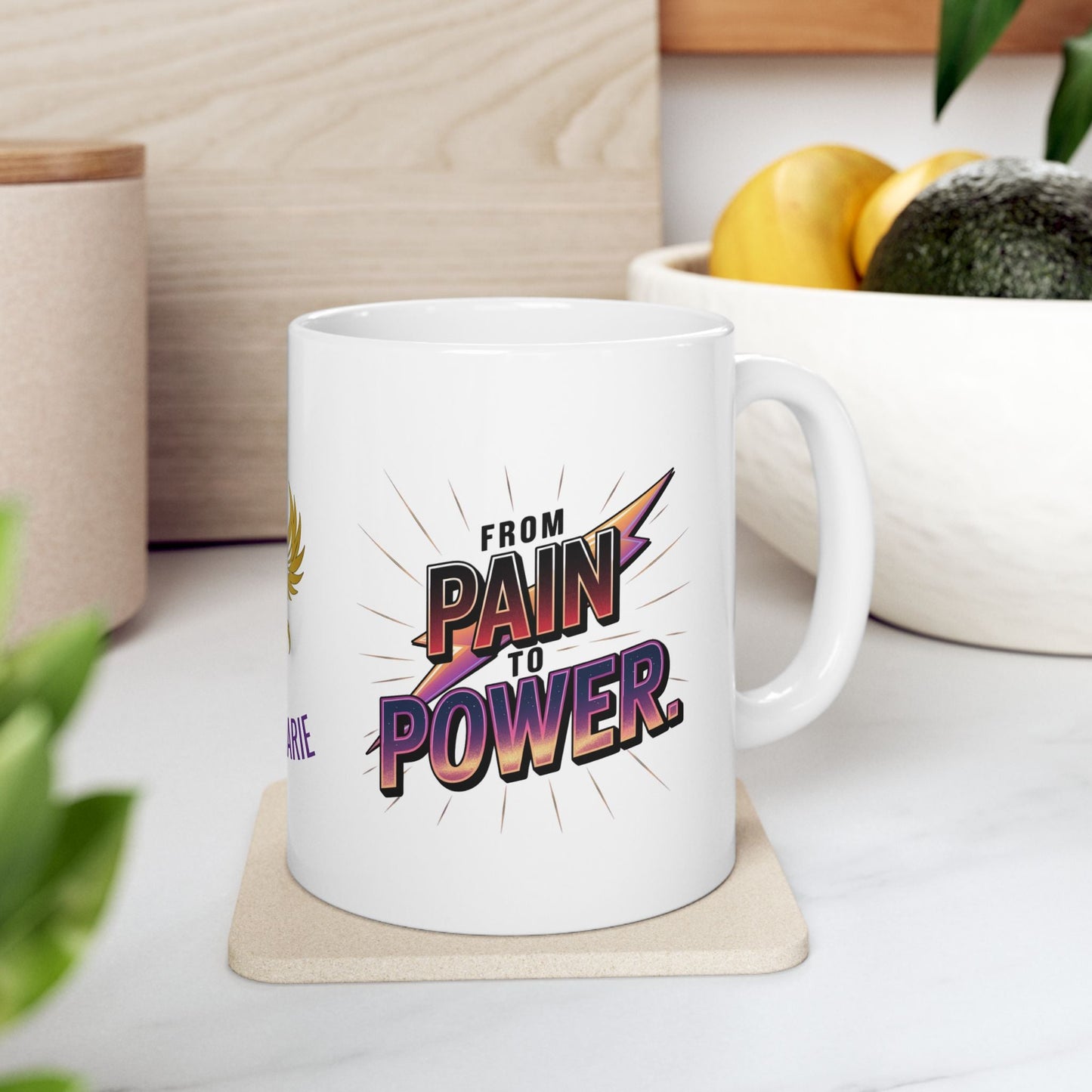 Inspirational mug promoting recovery and empowerment.