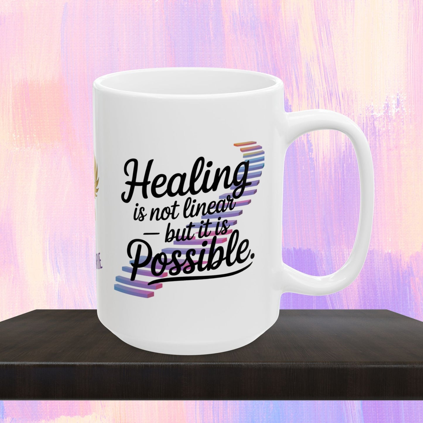 Healing mug with message of recovery and hope.