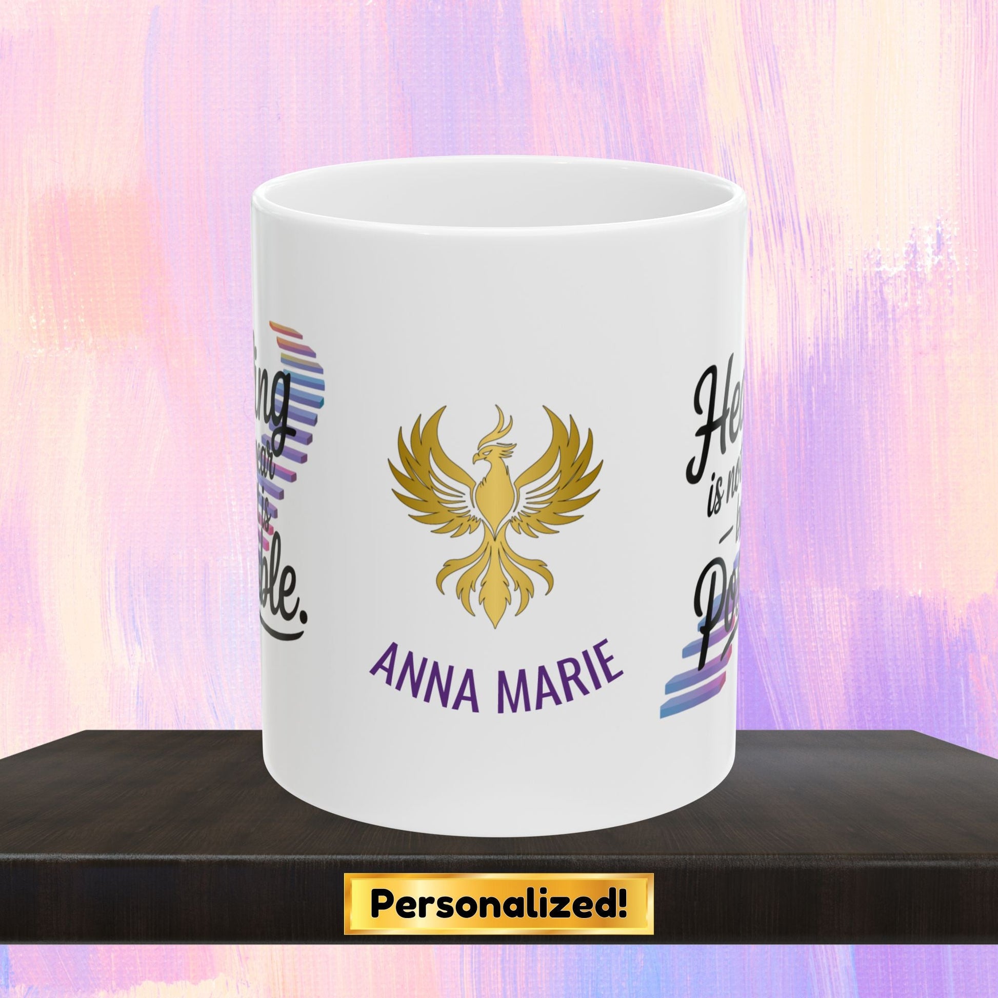 Healing mug with message of recovery and hope.