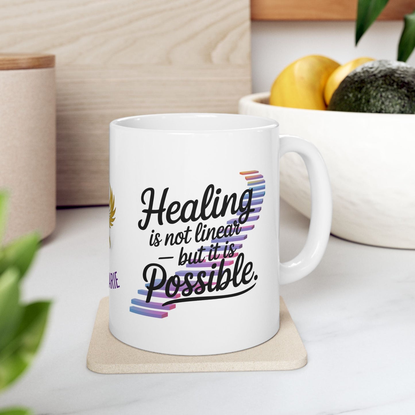 Healing mug with message of recovery and hope.