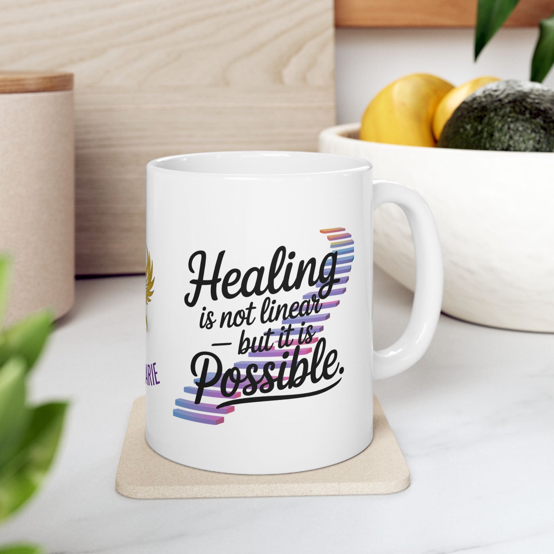 Healing mug with message of recovery and hope.