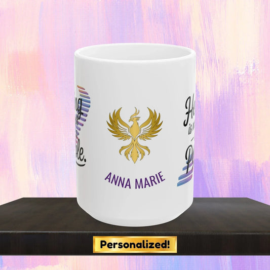 Shop our rise reclaim mug healing is not linear featuring the 15oz style option from MySisterIsASurvivor.