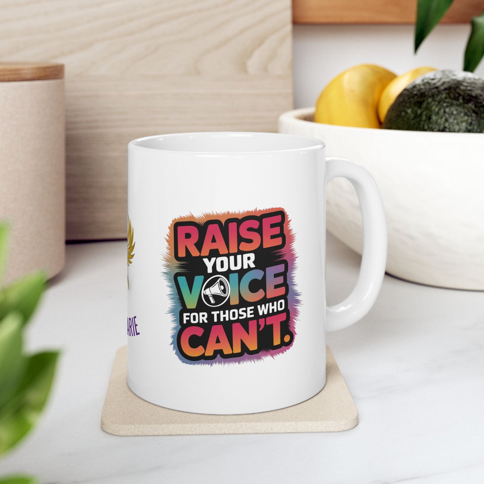 Advocacy mug supporting survivors of abuse.