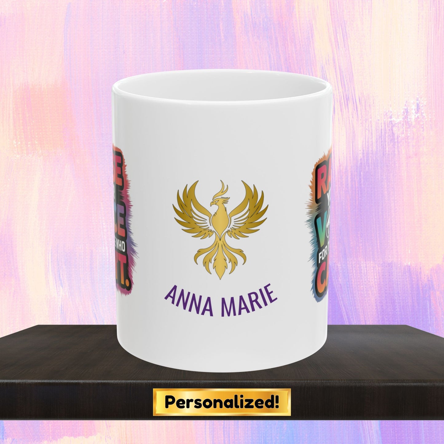 Advocacy mug supporting survivors of abuse.