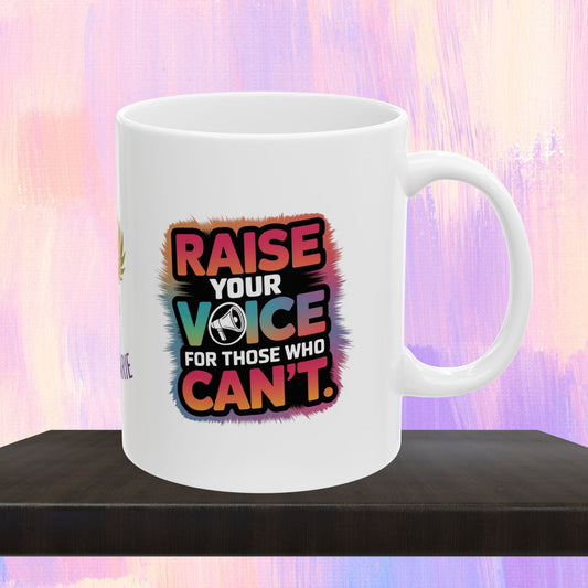 Advocacy mug supporting survivors of abuse.