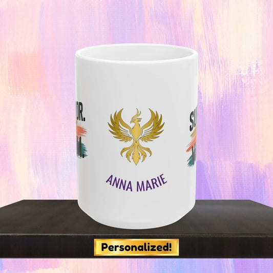 Shop our rise reclaim mug survivor not victim featuring the 15oz style option from MySisterIsASurvivor.