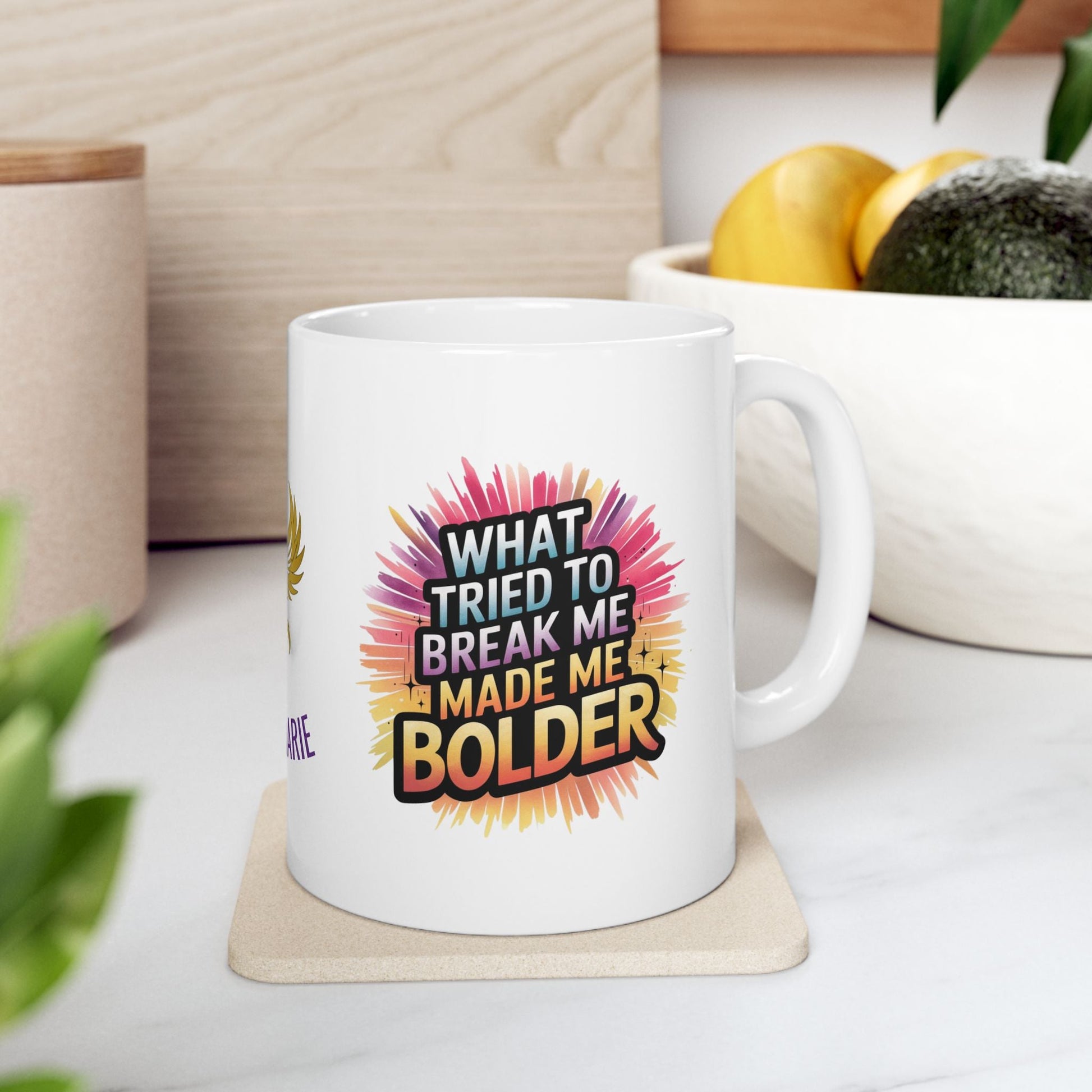 Strength mug with message about overcoming adversity.