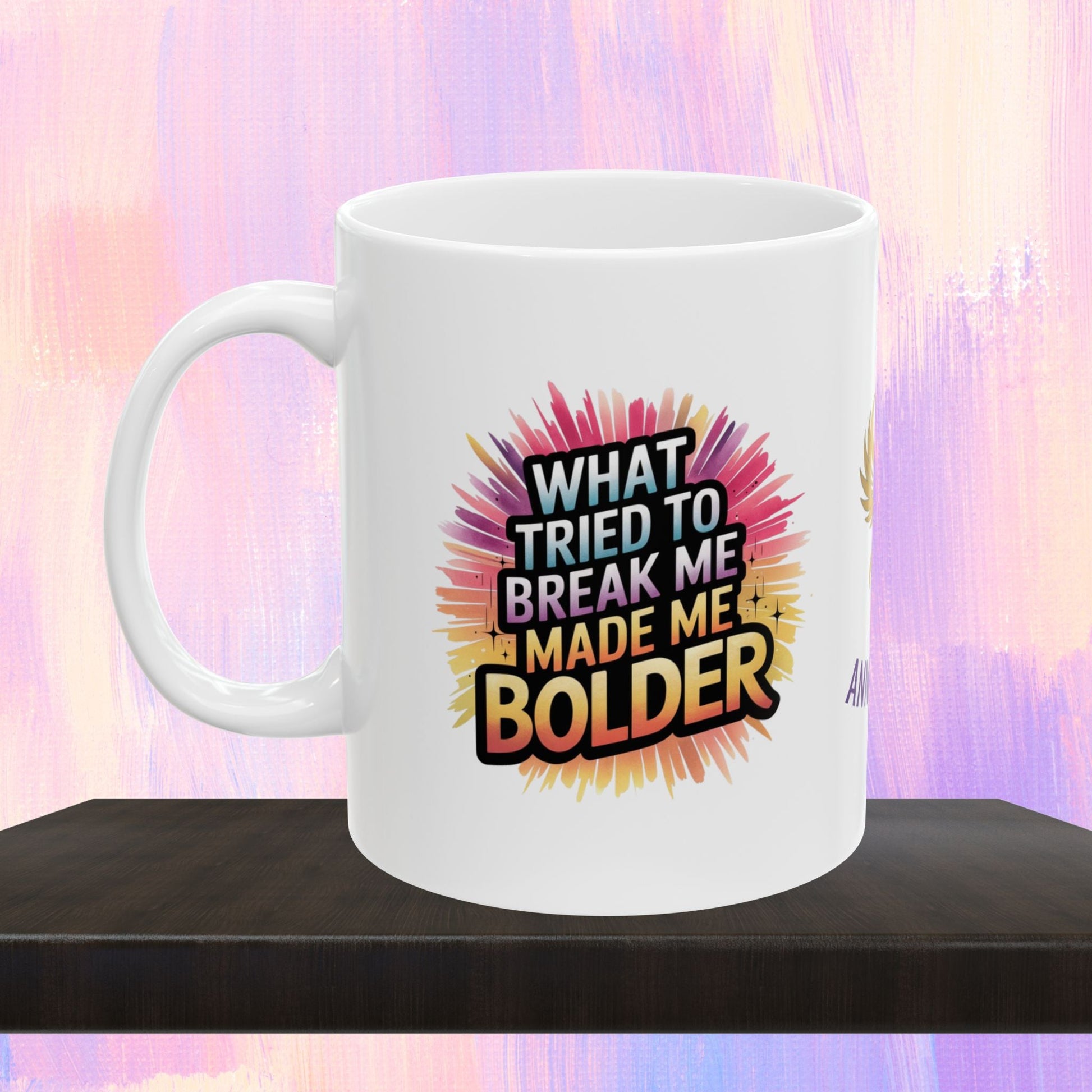 Strength mug with message about overcoming adversity.