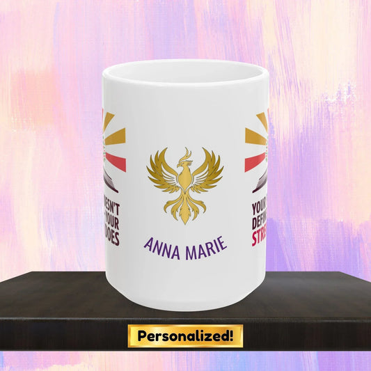 Shop our rise reclaim mug your past doesnt define you featuring the 15oz style option from MySisterIsASurvivor.