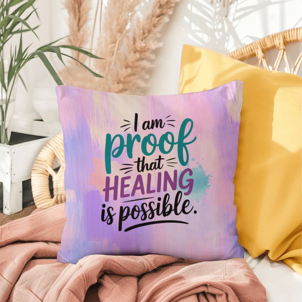 I Am Proof That Healing Is Possible personalized indoor/outdoor pillow for survivor support and empowerment gift