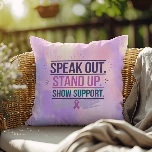 Shop our rise reclaim indoor outdoor pillow speak out featuring the 18" x 18" style option from MySisterIsASurvivor.