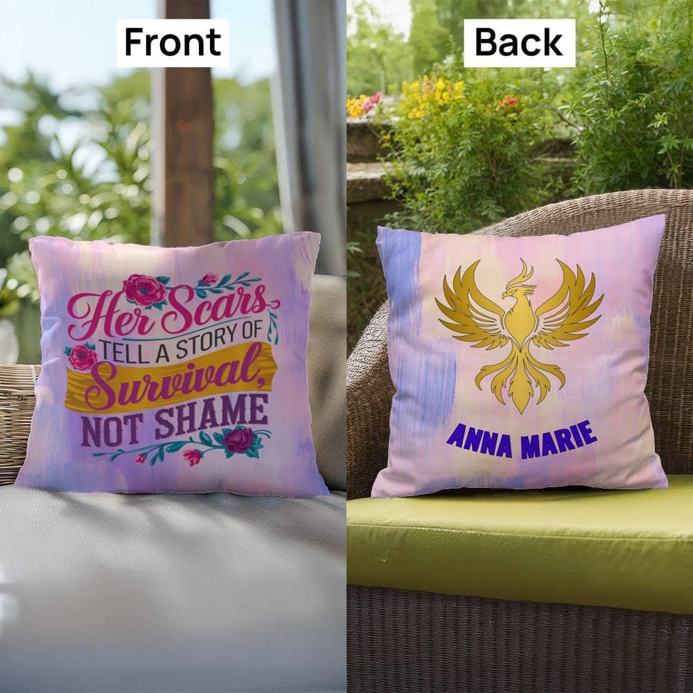 Shop our premium rise reclaim indoor outdoor pillow her scars from MySisterIsASurvivor.