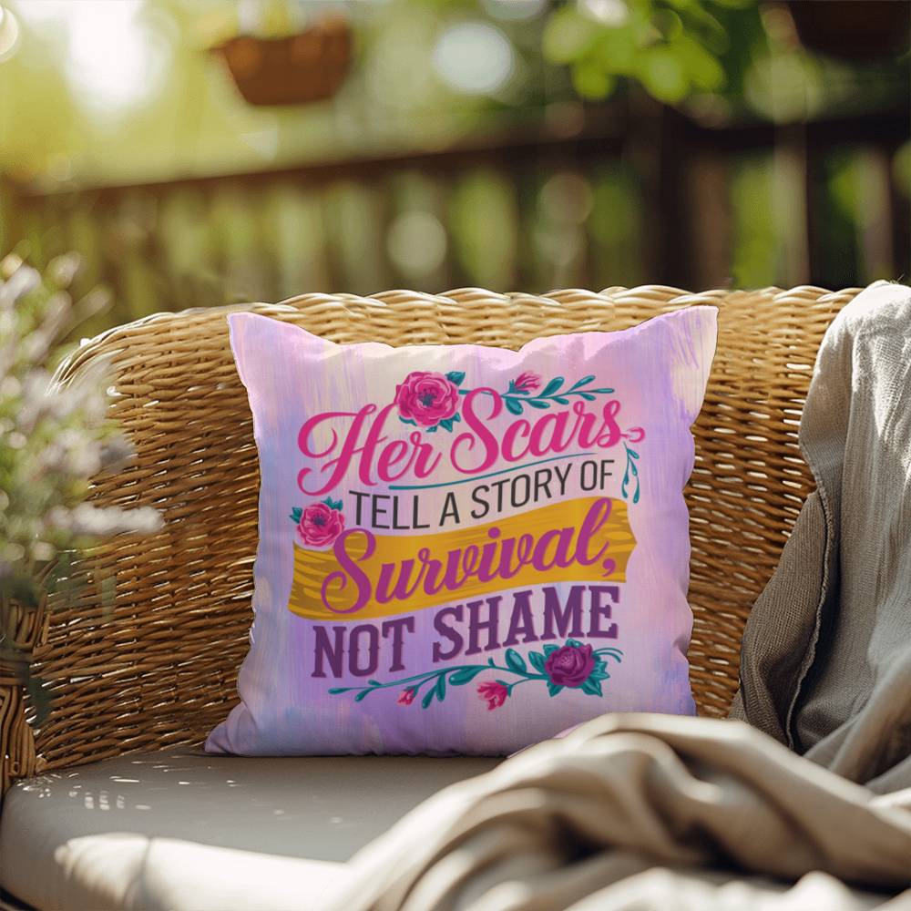 Her Scars Tell a Story of Survival, Not Shame personalized indoor/outdoor pillow for empowerment and survivor gift