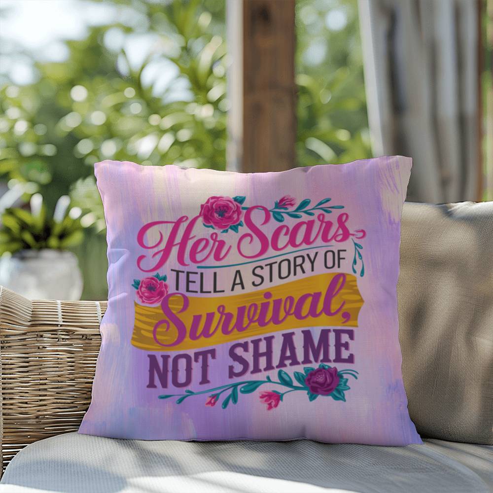 Her Scars Tell a Story of Survival, Not Shame personalized indoor/outdoor pillow for empowerment and survivor gift