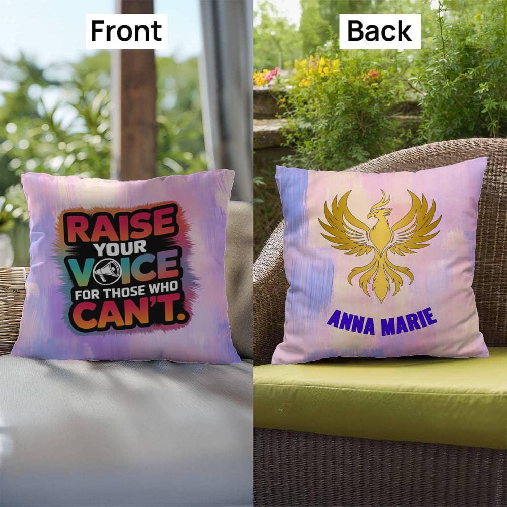 Shop our premium rise reclaim indoor outdoor pillow raise your voice from MySisterIsASurvivor.