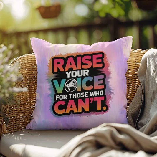 Shop our rise reclaim indoor outdoor pillow raise your voice featuring the 18" x 18" style option from MySisterIsASurvivor.