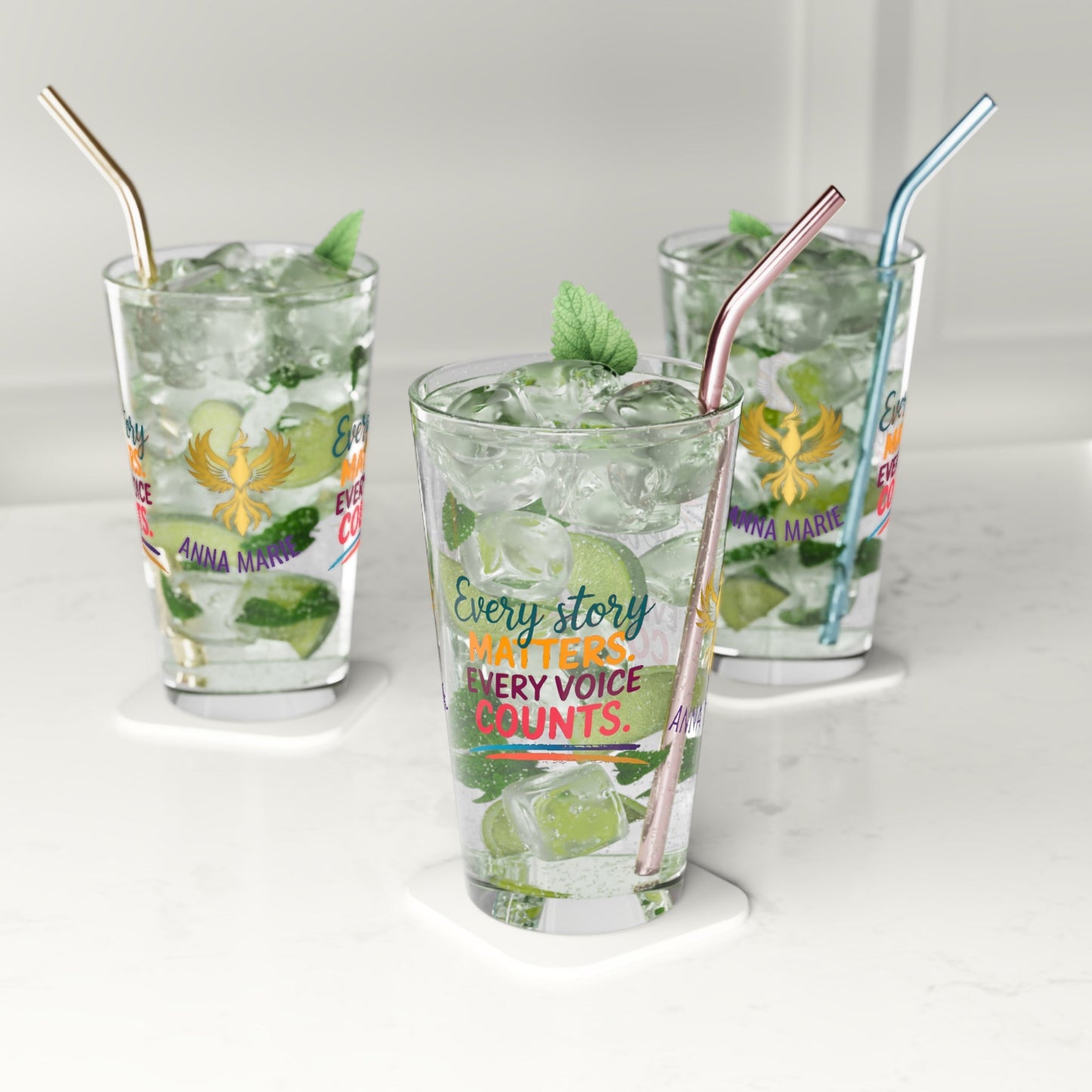 Rise & Reclaim Pint Glass – Every Story Matters. Every Voice Counts | DV Awareness Drinkware