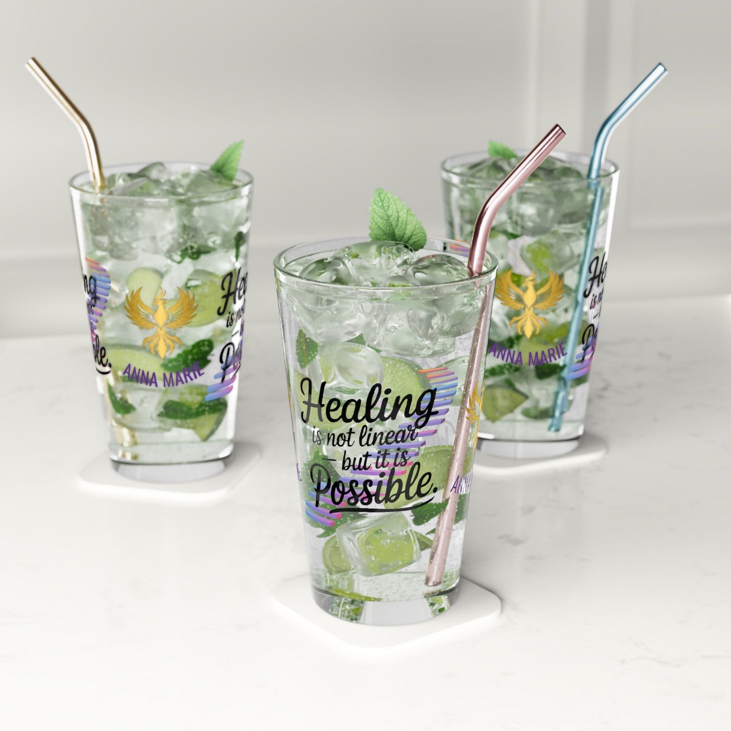 Rise & Reclaim Pint Glass – Healing Is Not Linear – But It Is Possible | PTSD Awareness Glass