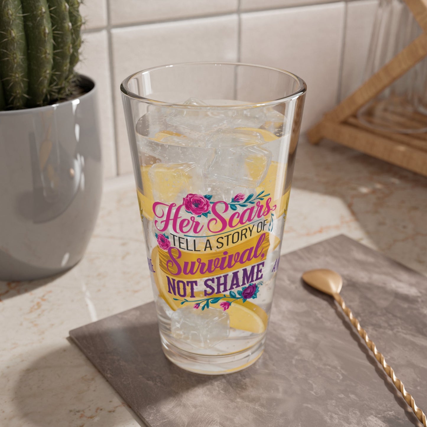 Rise & Reclaim Pint Glass – Her Scars Tell a Story of Survival, Not Shame | Survivor Quote Glass - MySisterIsASurvivor