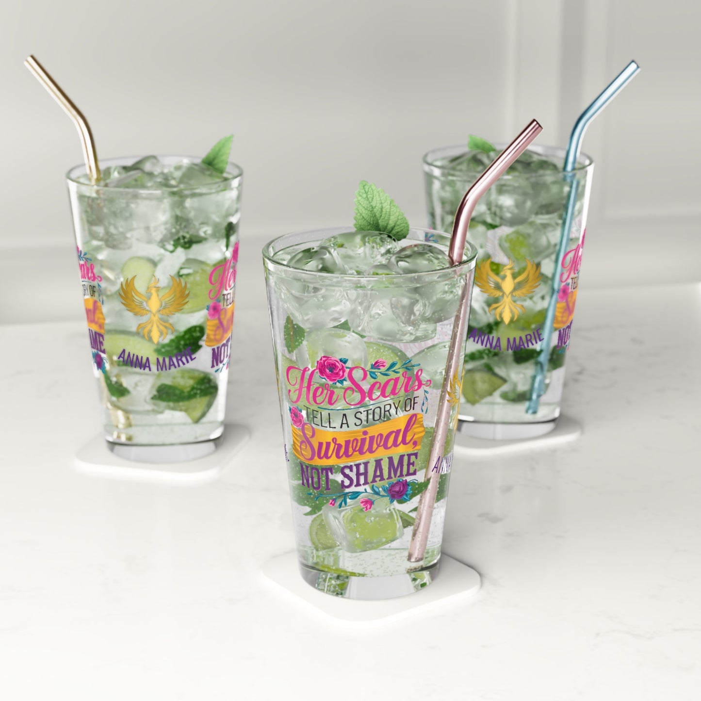 Rise & Reclaim Pint Glass – Her Scars Tell a Story of Survival, Not Shame | Survivor Quote Glass - MySisterIsASurvivor