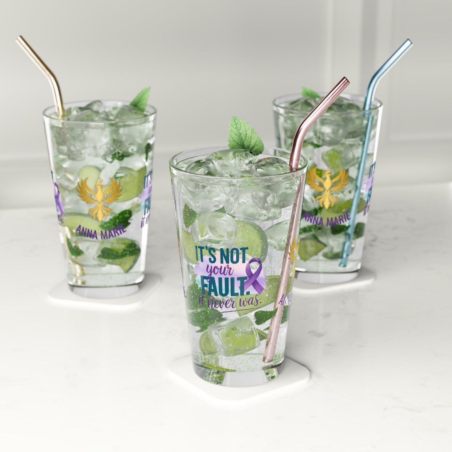 Rise & Reclaim Pint Glass – It’s Not Your Fault. It Never Was | Domestic Abuse Recovery Glass - MySisterIsASurvivor