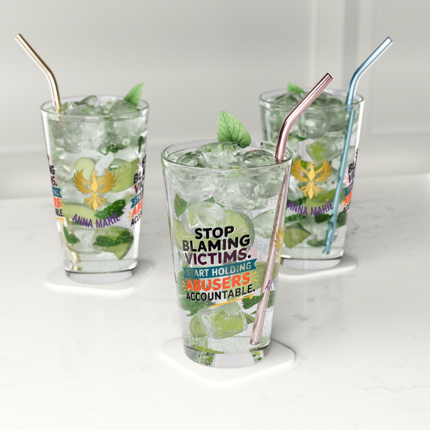 Rise & Reclaim Pint Glass – Stop Blaming Victims. Start Holding Abusers Accountable | DV Awareness - MySisterIsASurvivor
