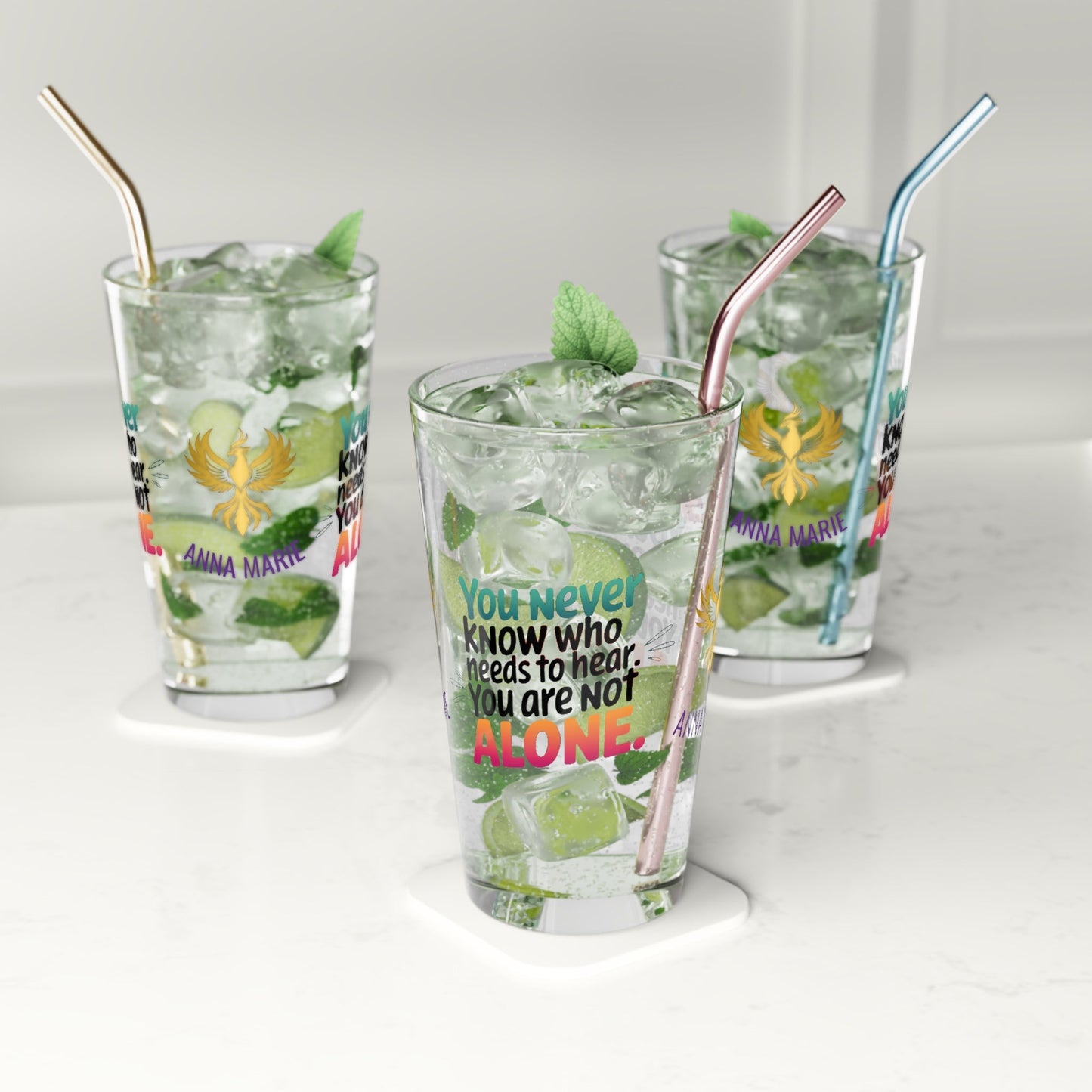 Rise & Reclaim Pint Glass – You Never Know Who Needs to Hear: You Are Not Alone | Survivor Encouragement - MySisterIsASurvivor