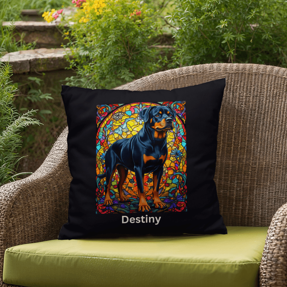 Black & Rust Rottweiler Pillow, custom name stained glass art for dog lovers