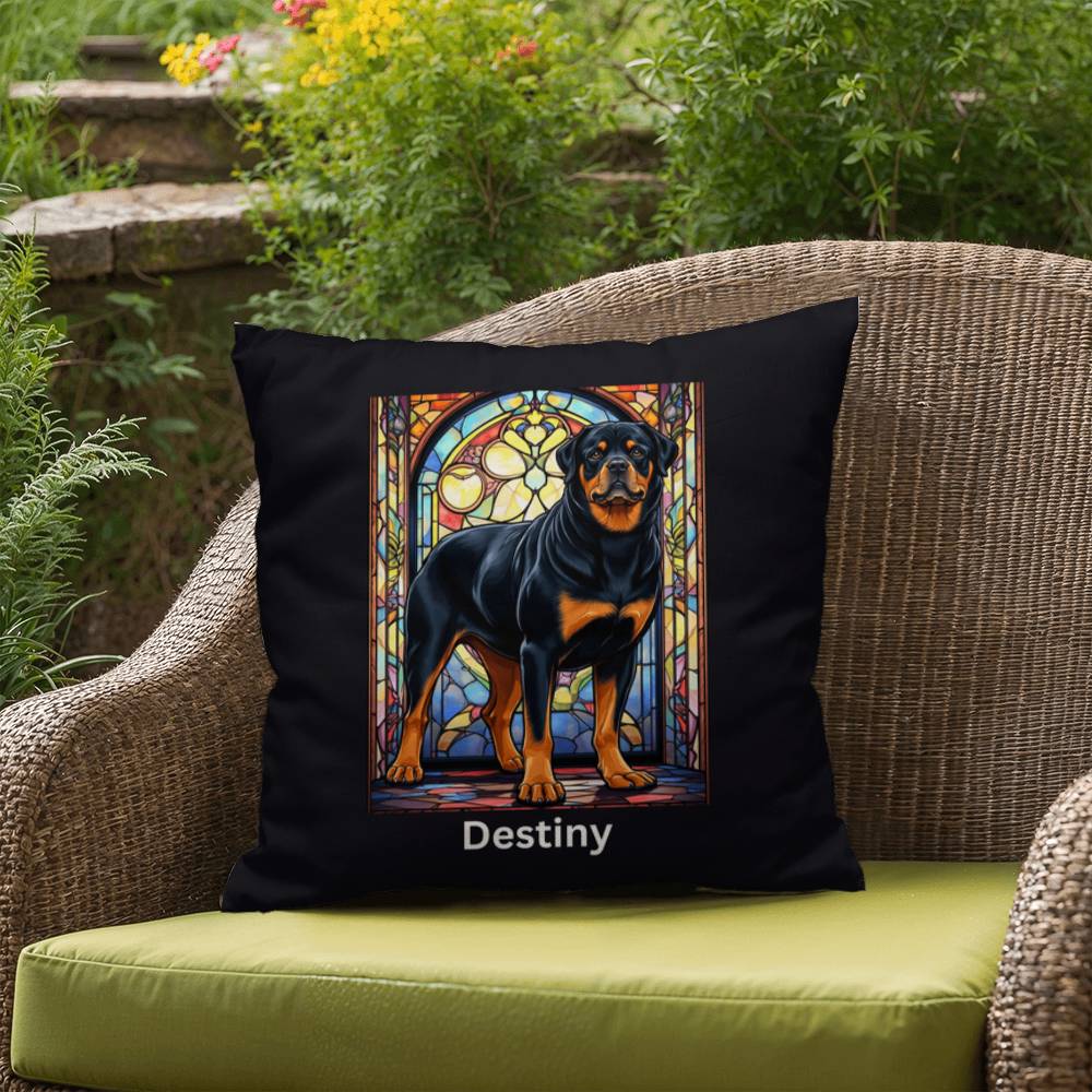 Black & Tan Rottweiler Pillow, personalized stained glass art for dog décor and pet lovers