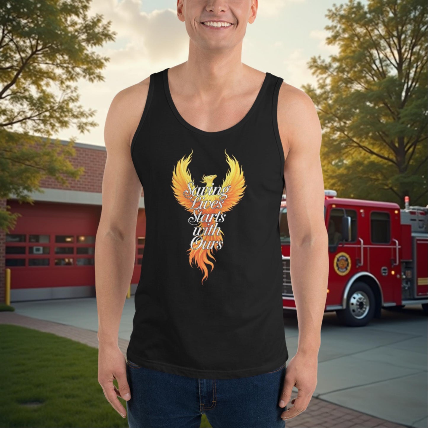 Saving Lives Starts With Ours - Personalized Firefighter Mental Health Awareness Tank, Custom Support Gift - MySisterIsASurvivor