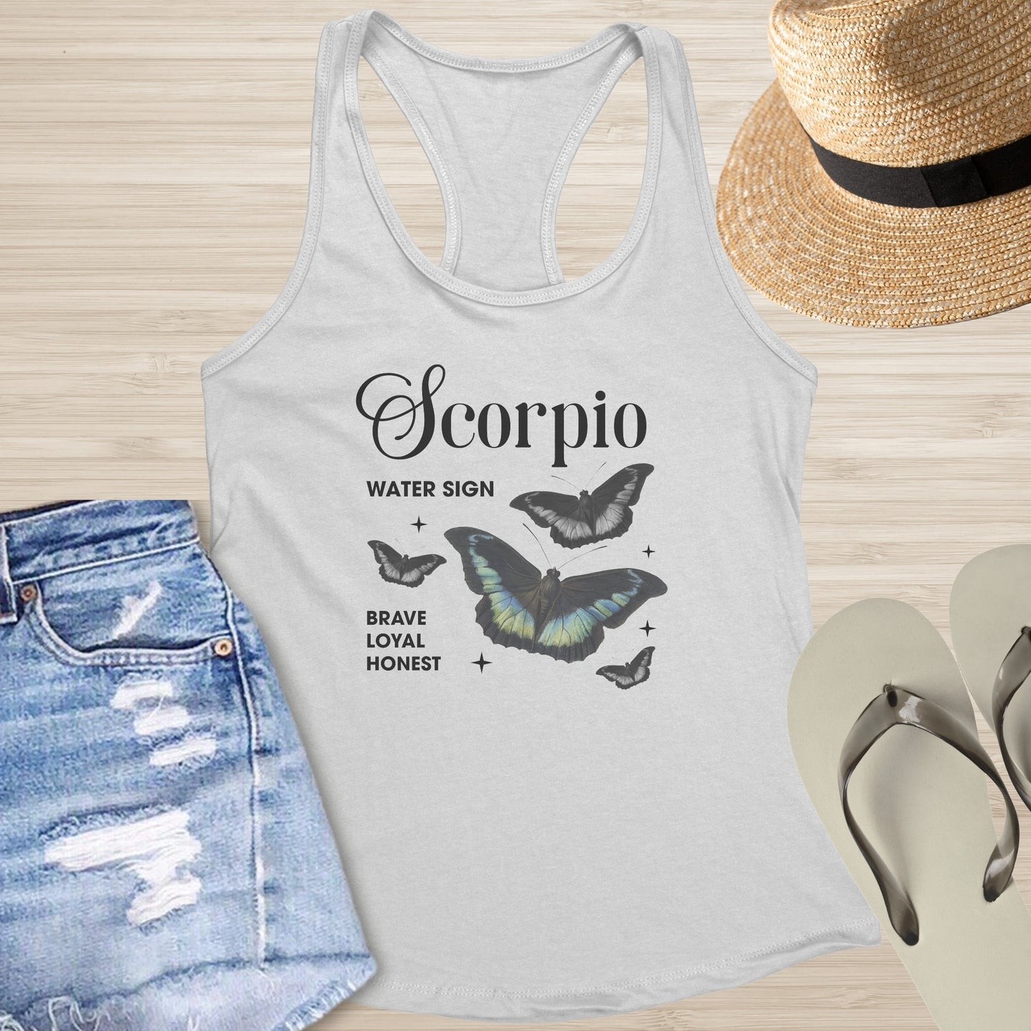 Scorpio Butterfly Racerback Tank - Deep Transformation Tank with Zodiac & Butterfly Art - MySisterIsASurvivor