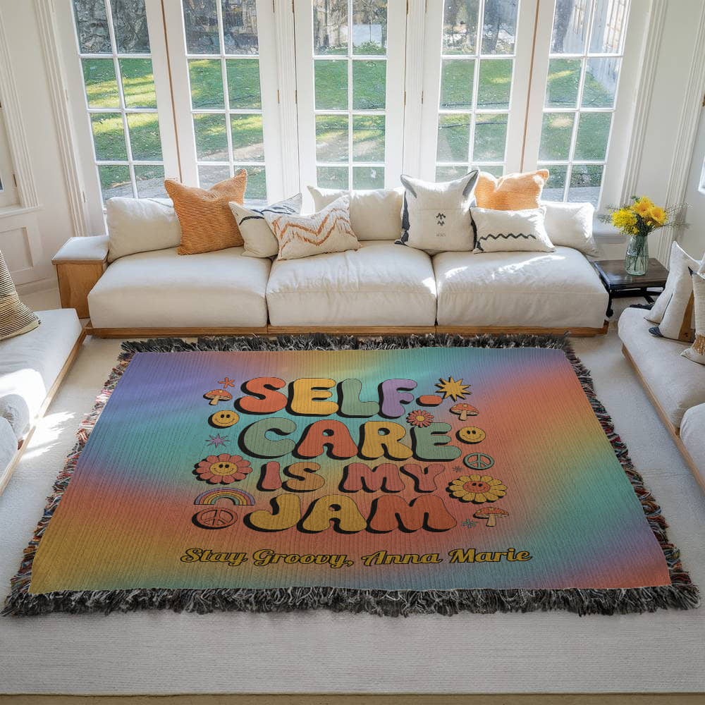 Self - Care Is My Jam Woven Blanket - Groovy Mental Health Throw for Mindfulness - MySisterIsASurvivor