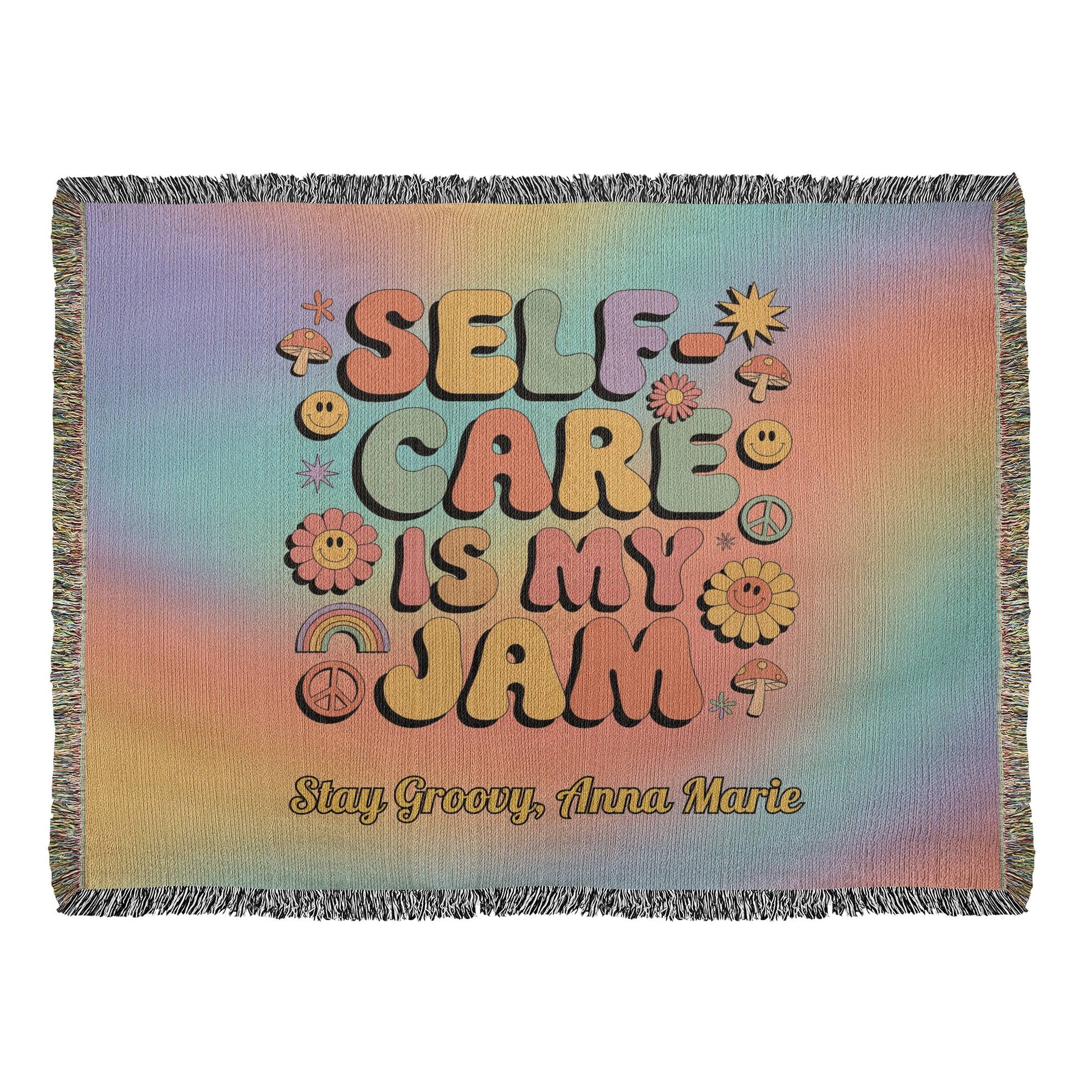 Self - Care Is My Jam Woven Blanket - Groovy Mental Health Throw for Mindfulness - MySisterIsASurvivor