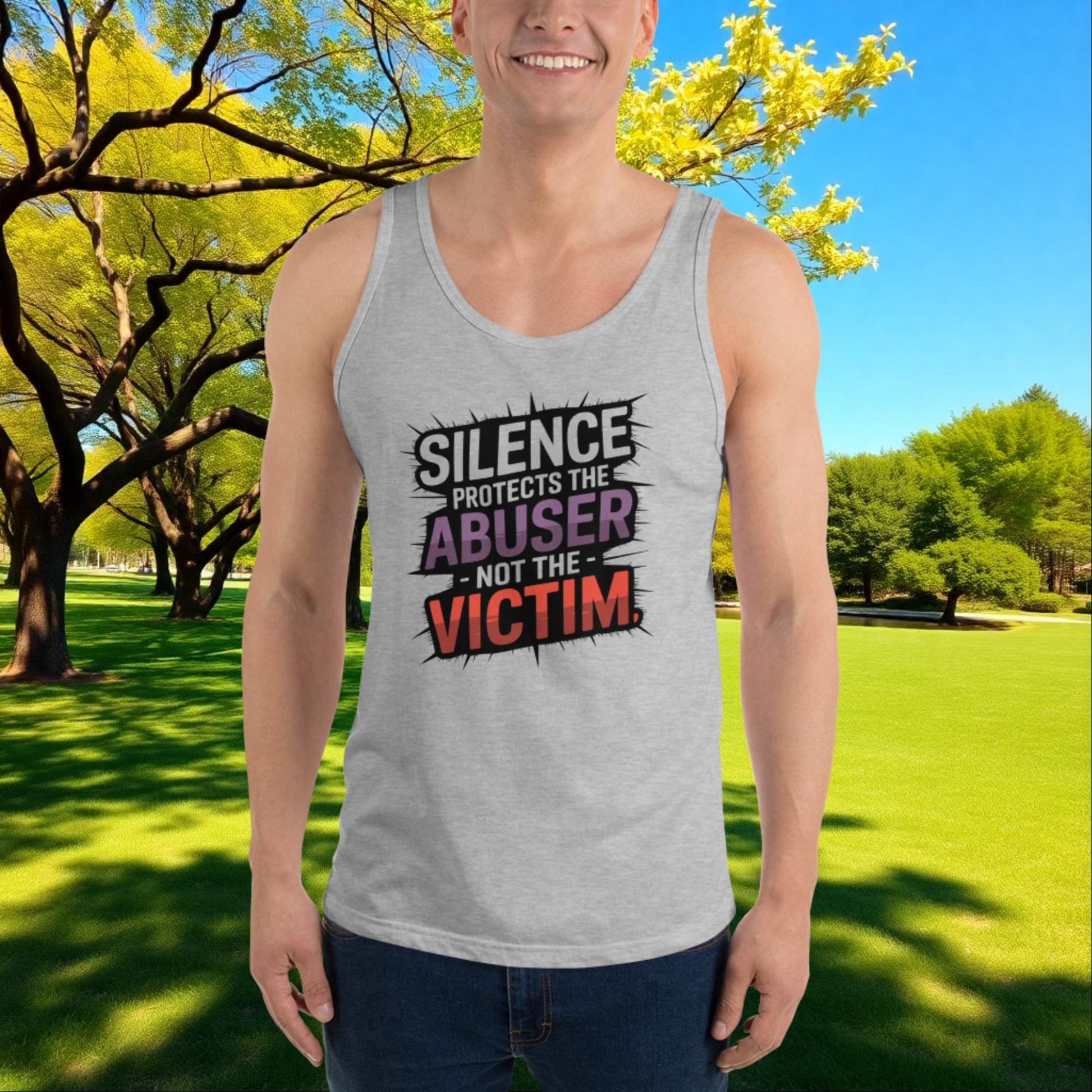 Silence Protects the Abuser, Not the Victim quote unisex tank top, domestic abuse advocacy and survivor support apparel