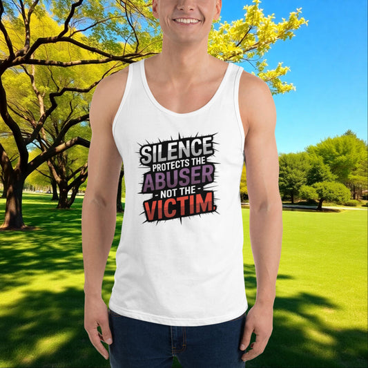 Silence Protects the Abuser, Not the Victim quote unisex tank top, domestic abuse advocacy and survivor support apparel