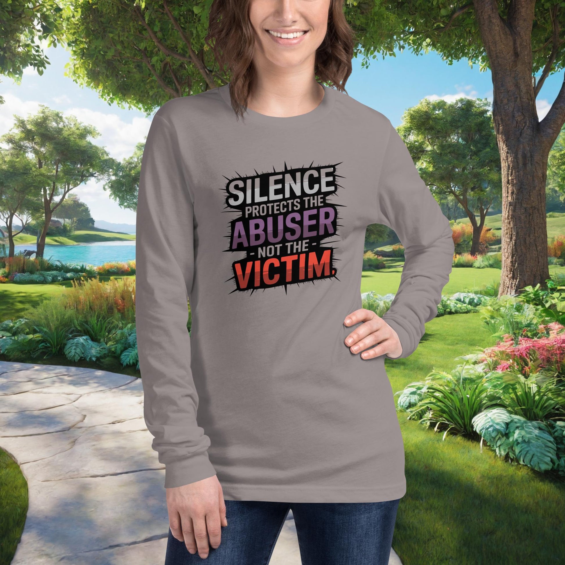 Silence Protects The Abuser on Unisex Long Sleeve T-Shirt, domestic abuse awareness, survivor advocacy, empowerment shirt