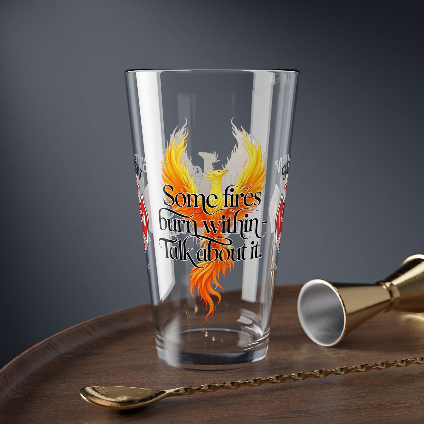 Some fires burn within – firefighter support pint glass encouraging emotional openness and care. - MySisterIsASurvivor