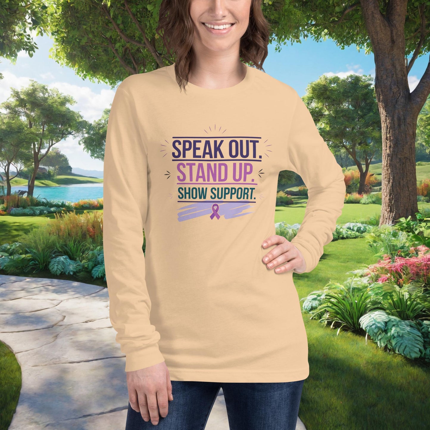 Speak Out. Stand Up. Show Support Unisex Long Sleeve T-Shirt, Personalized Domestic Violence Awareness & Advocacy Apparel - MySisterIsASurvivor