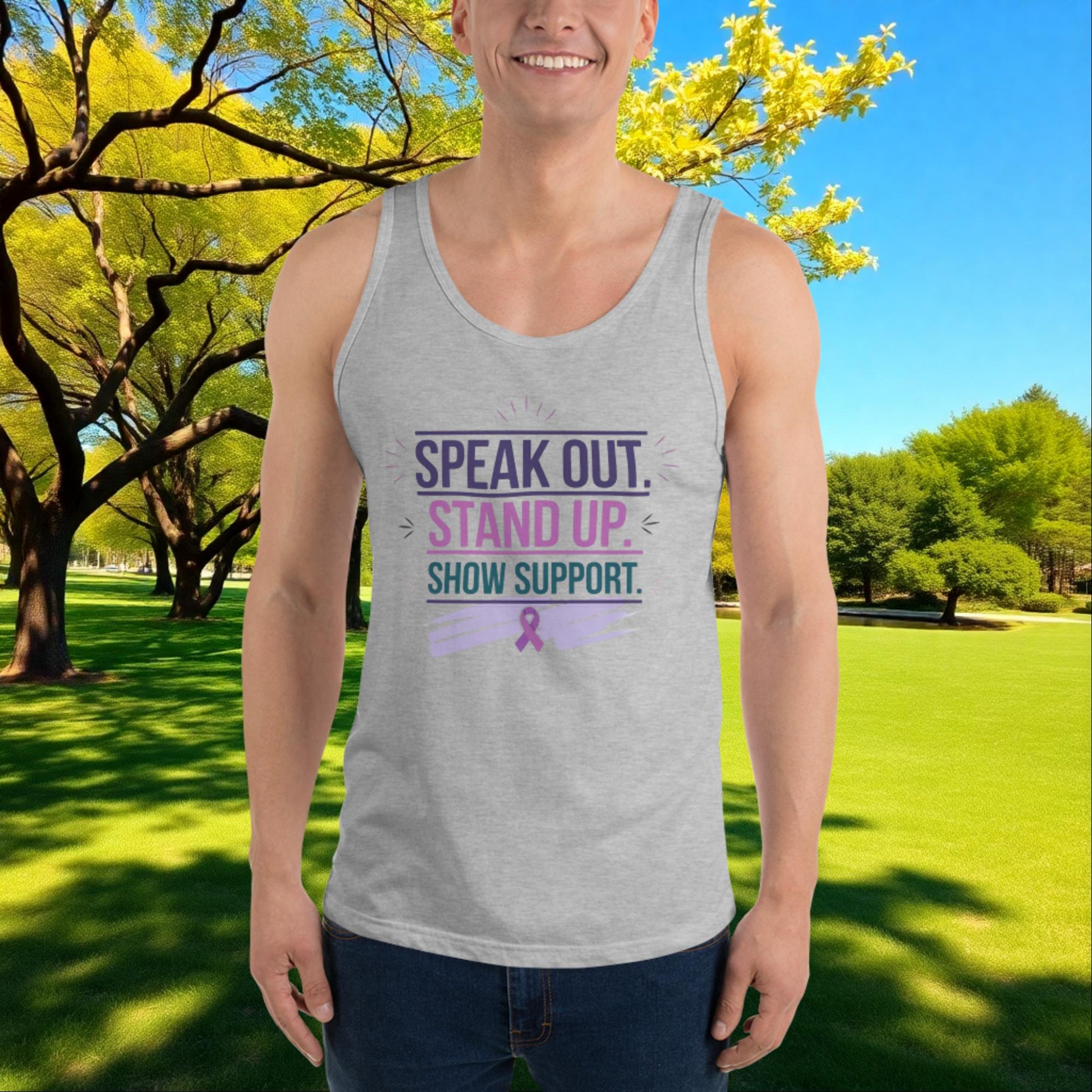 Speak Out, Stand Up, Show Support quote unisex tank top for domestic violence awareness, advocacy, and survivor support