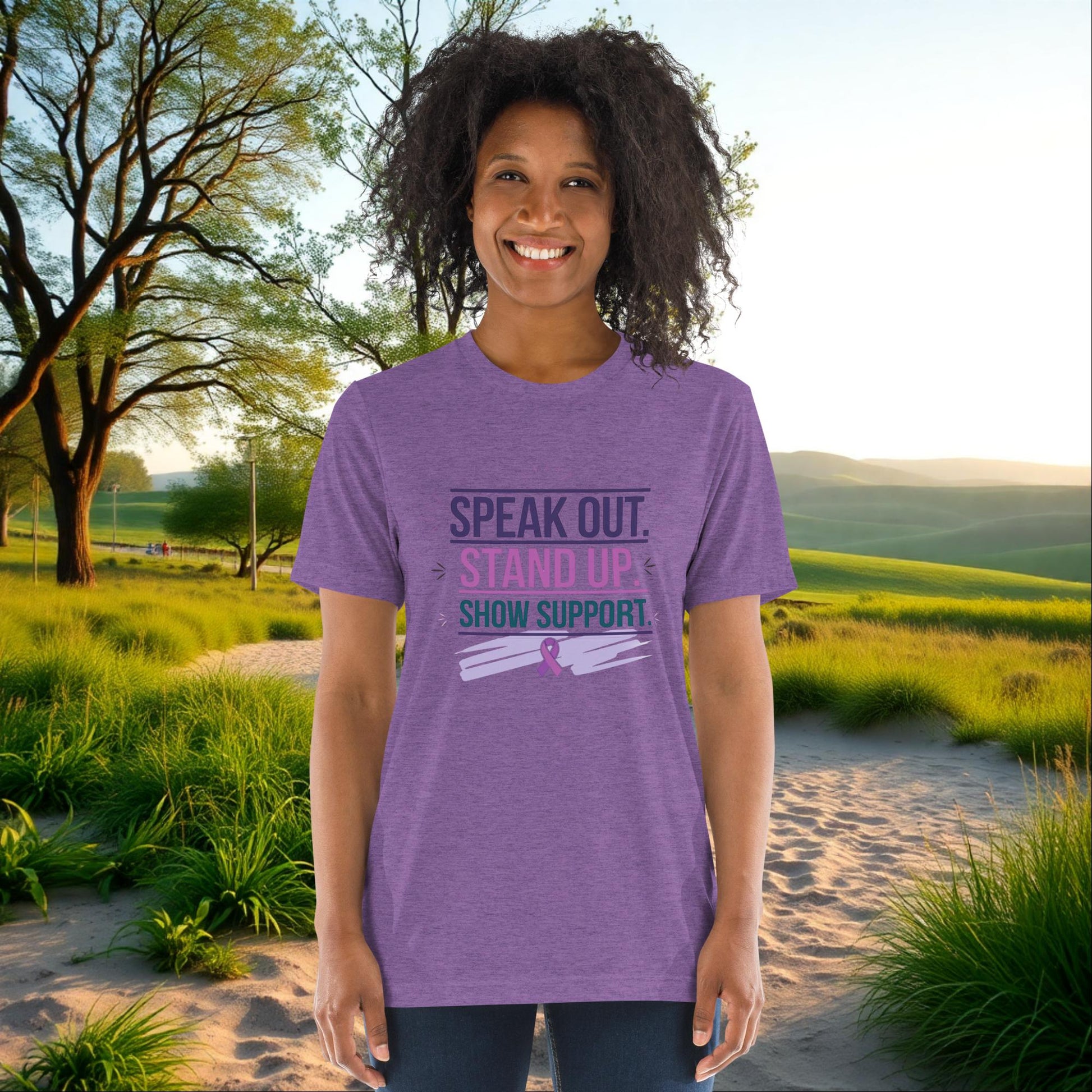 Speak Out, Stand Up, Show Support on Unisex Tri-Blend T-Shirt, advocacy, domestic violence awareness, empowerment