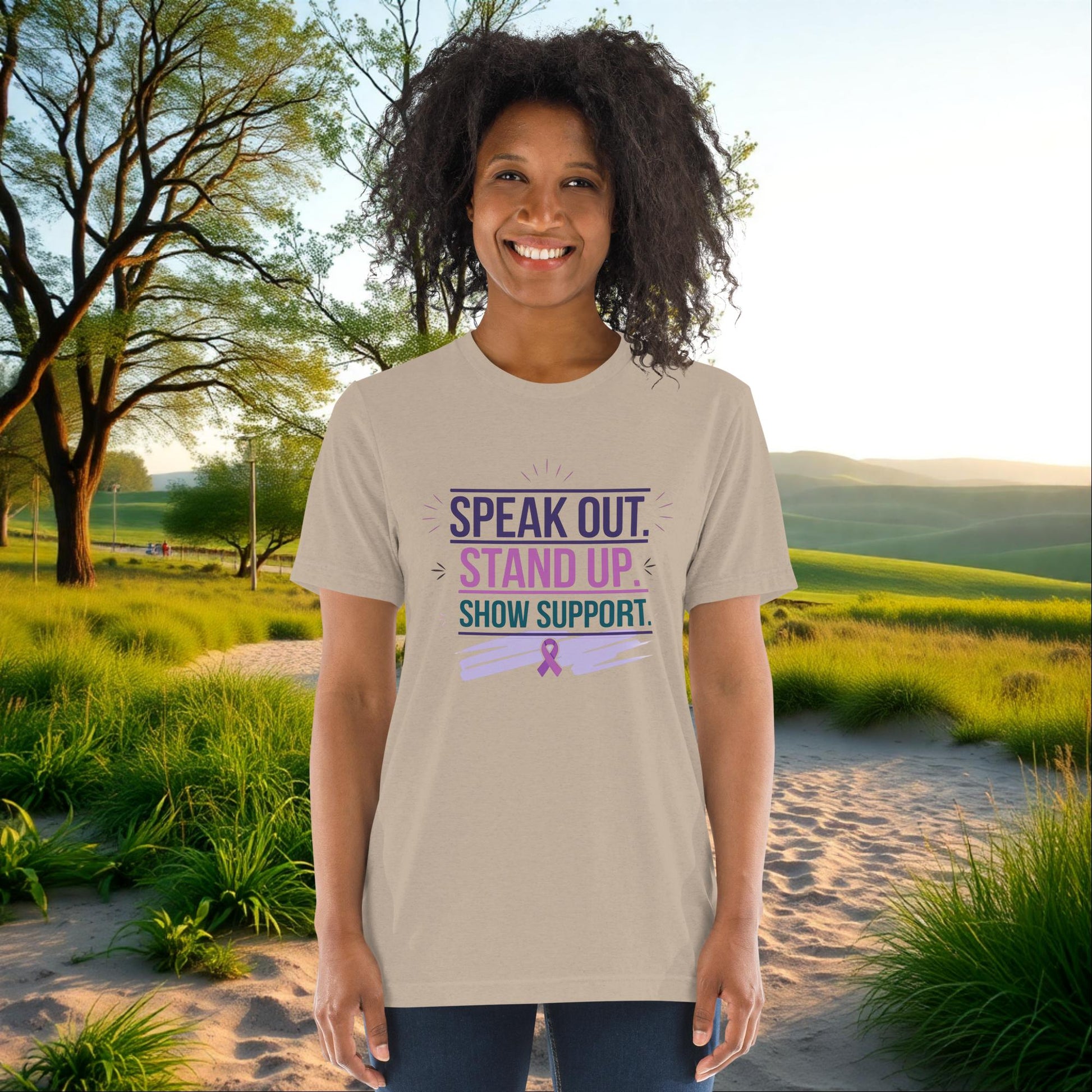 Speak Out, Stand Up, Show Support on Unisex Tri-Blend T-Shirt, advocacy, domestic violence awareness, empowerment