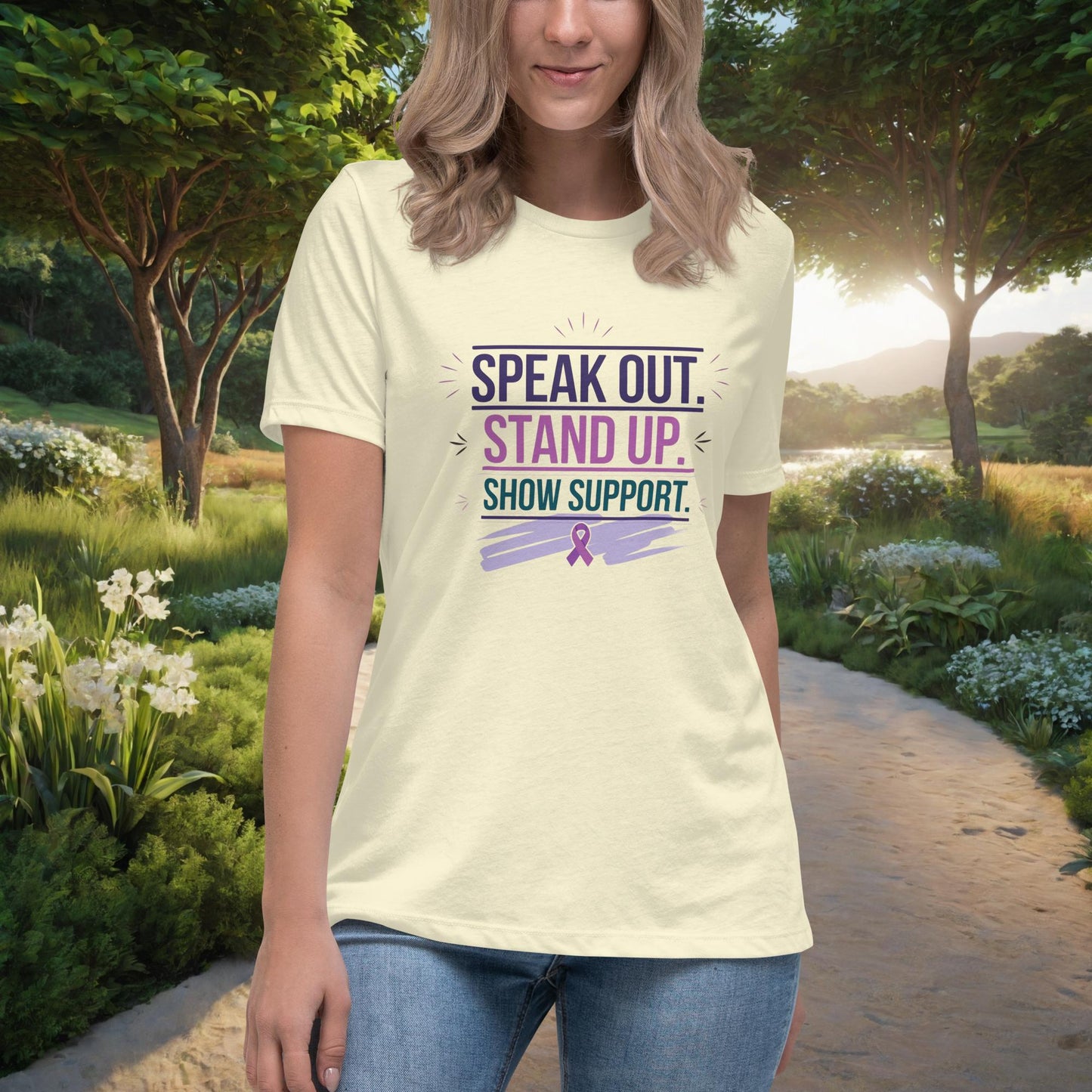 Speak Out. Stand Up. Show Support Women's Relaxed T-Shirt, Personalized Advocacy & Empowerment Shirt for Survivors - MySisterIsASurvivor