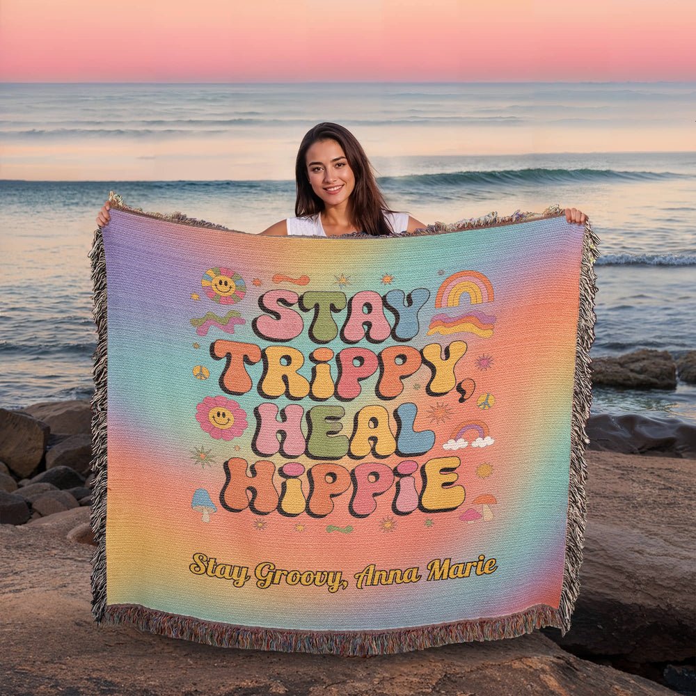 Stay Trippy, Heal Hippie Woven Blanket - Retro Mental Health Throw for Healing - MySisterIsASurvivor