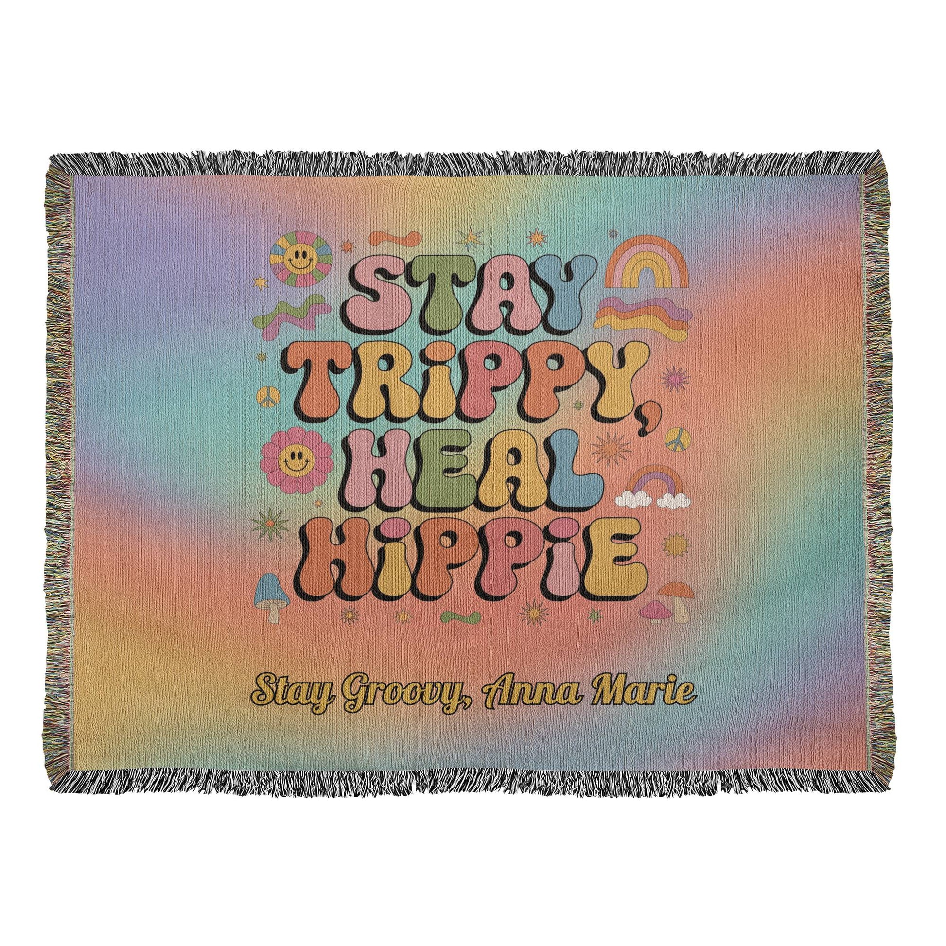 Stay Trippy, Heal Hippie Woven Blanket - Retro Mental Health Throw for Healing - MySisterIsASurvivor