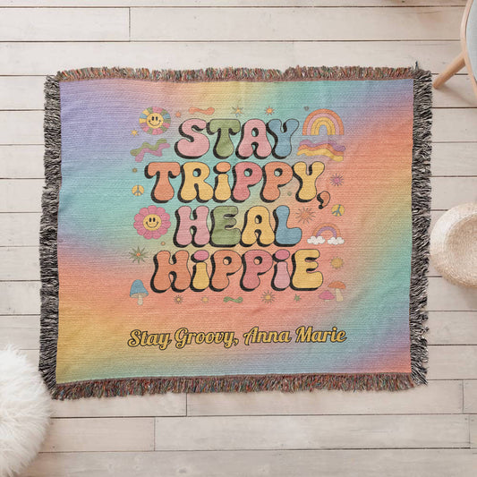 Stay Trippy, Heal Hippie Woven Blanket - Retro Mental Health Throw for Healing - MySisterIsASurvivor