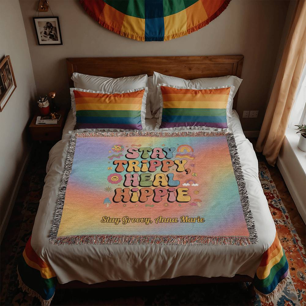 Stay Trippy, Heal Hippie Woven Blanket - Retro Mental Health Throw for Healing - MySisterIsASurvivor